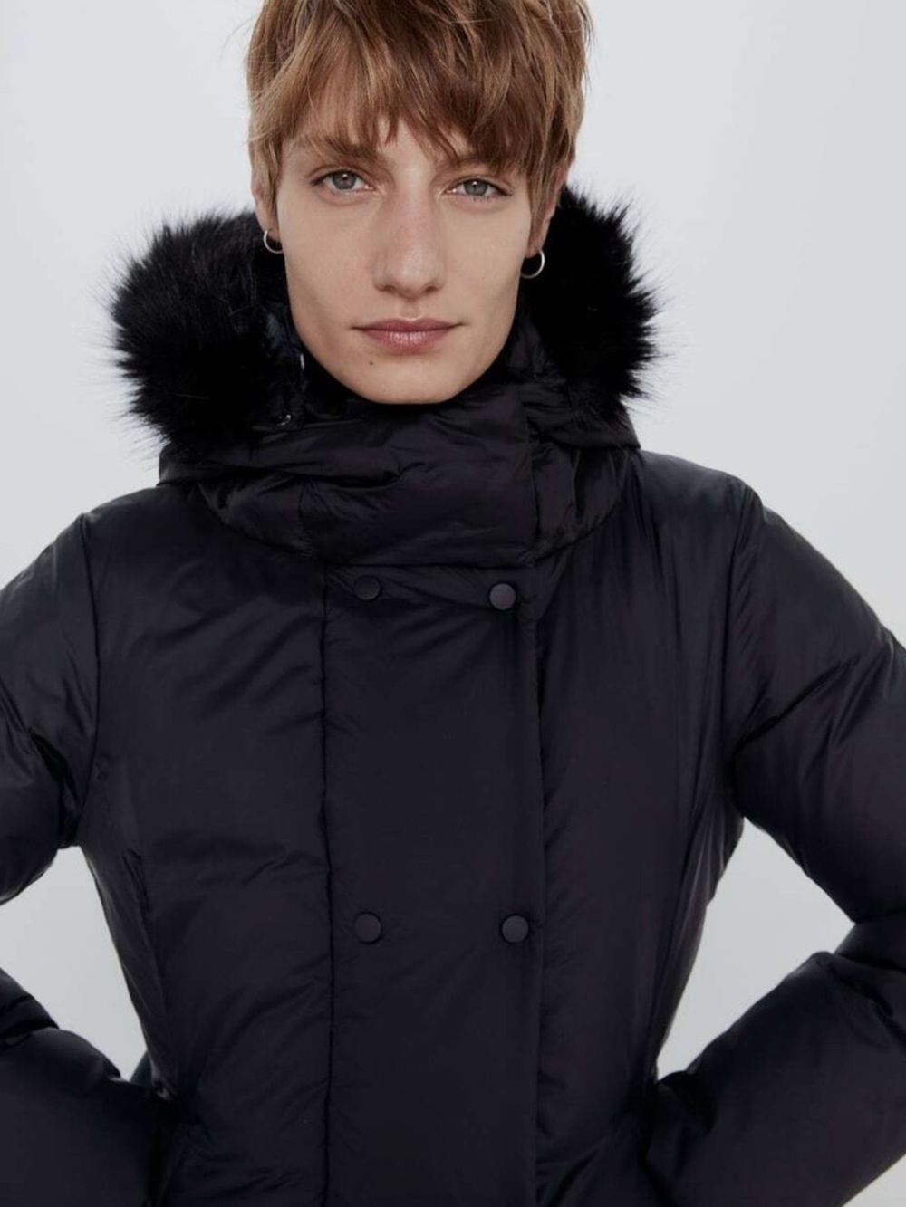Zara Long Black Puffer Coat Faux Fur Trim Hood XS - Picture 6 of 16